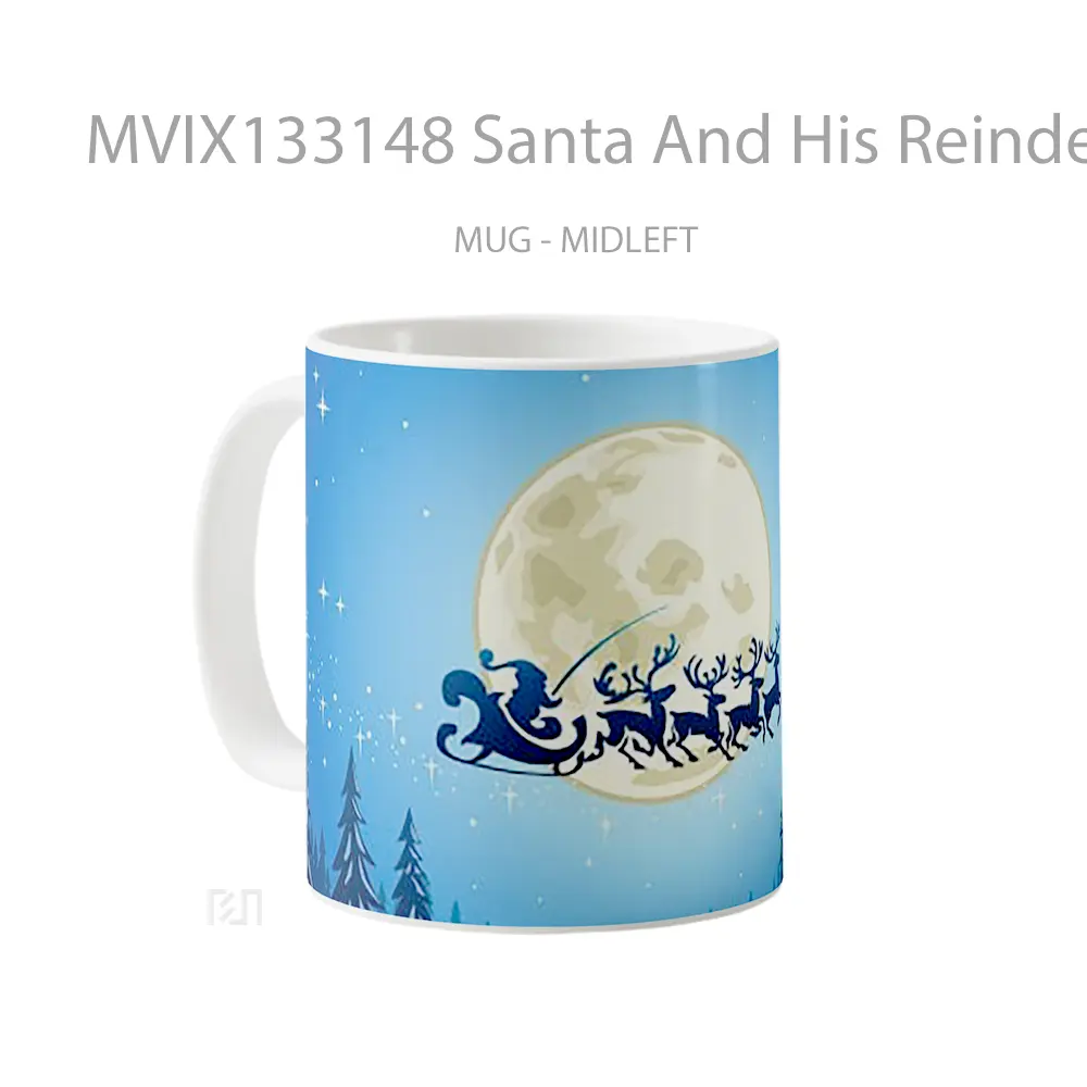Mug Santa And His Reindeer Between Forest And Full Moon Gelas Hewan Lucu - All-side / Desain