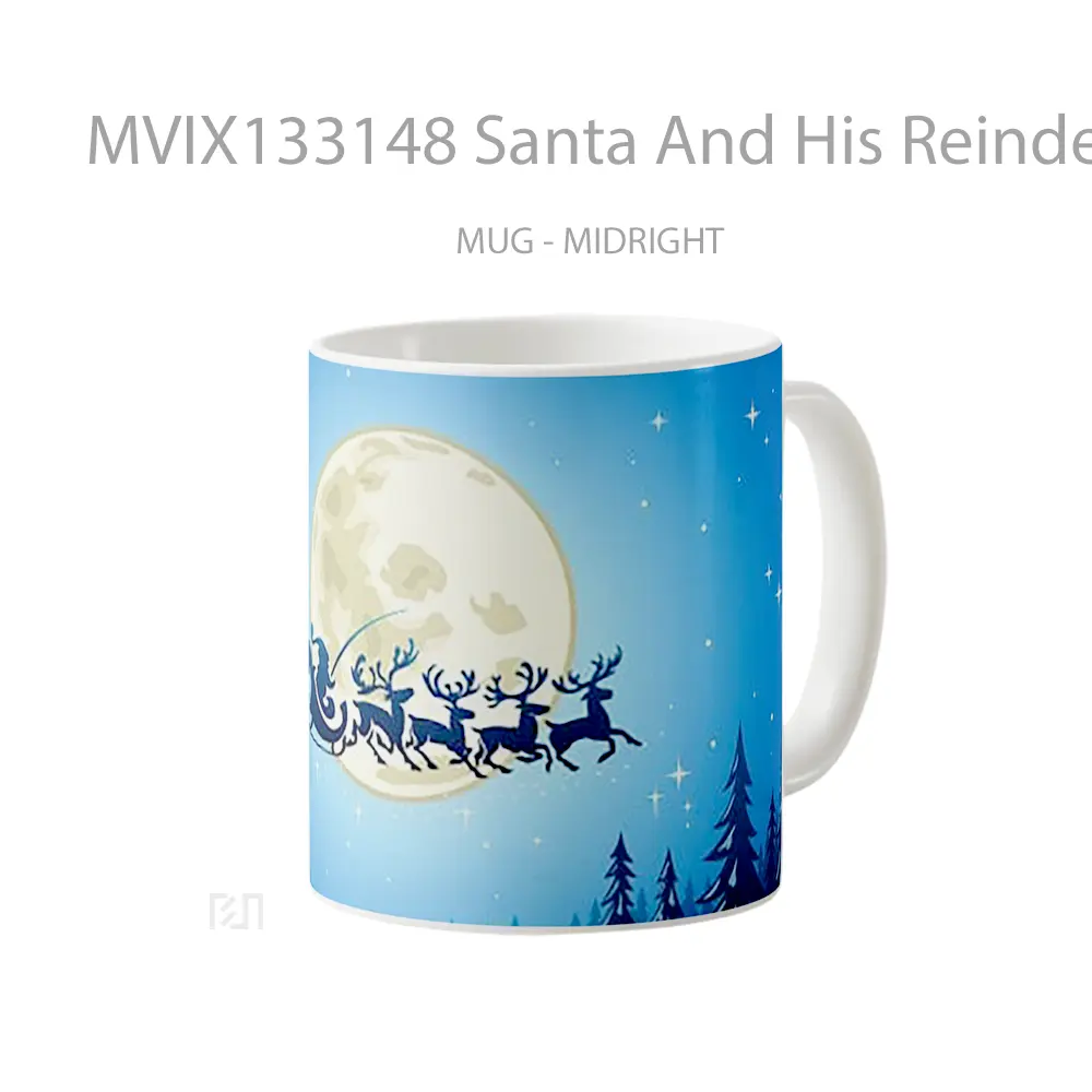 Mug Santa And His Reindeer Between Forest And Full Moon Gelas Hewan Lucu - All-side / Desain
