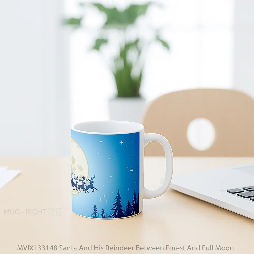 Mug Santa And His Reindeer Between Forest And Full Moon Gelas Hewan Lucu - All-side / Desain