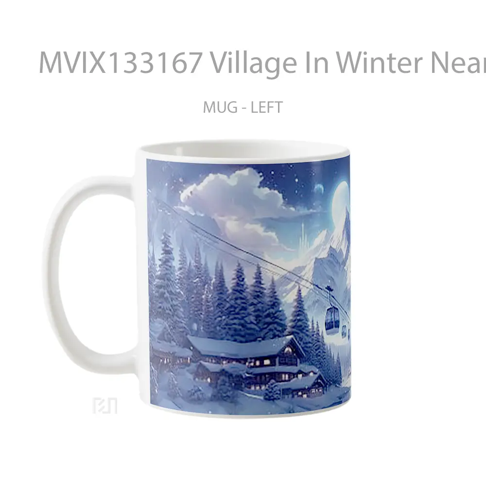 Mug Village In Winter Near Lake And Mountains Gelas Pemandangan Alam - All-side / Desain