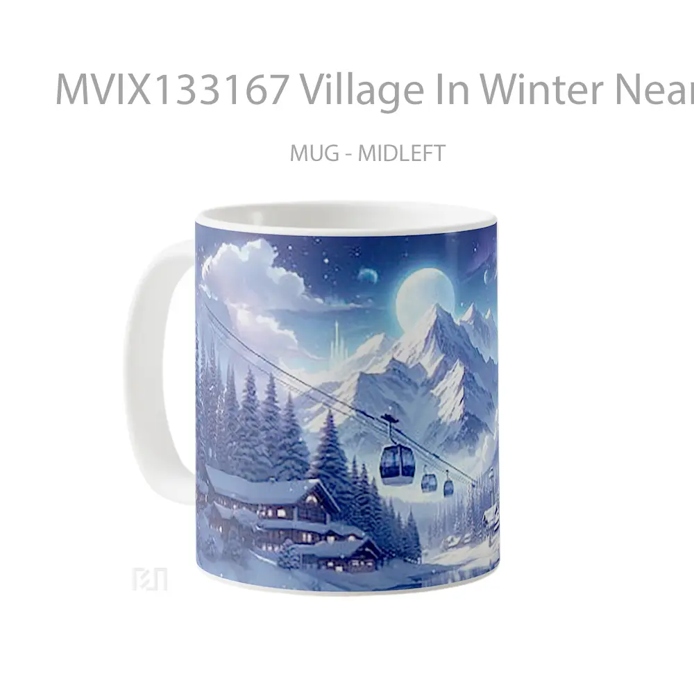 Mug Village In Winter Near Lake And Mountains Gelas Pemandangan Alam - All-side / Desain