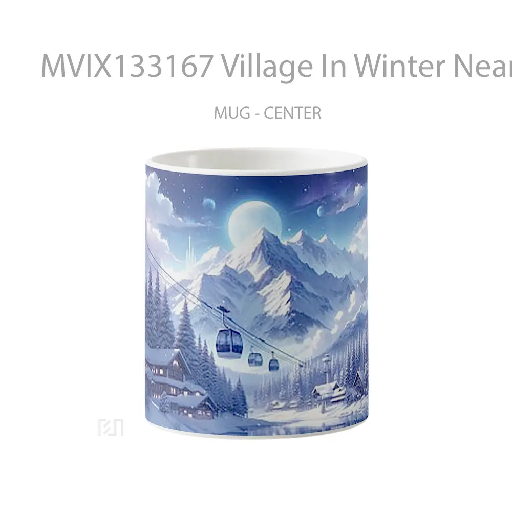 Mug Village In Winter Near Lake And Mountains Gelas Pemandangan Alam