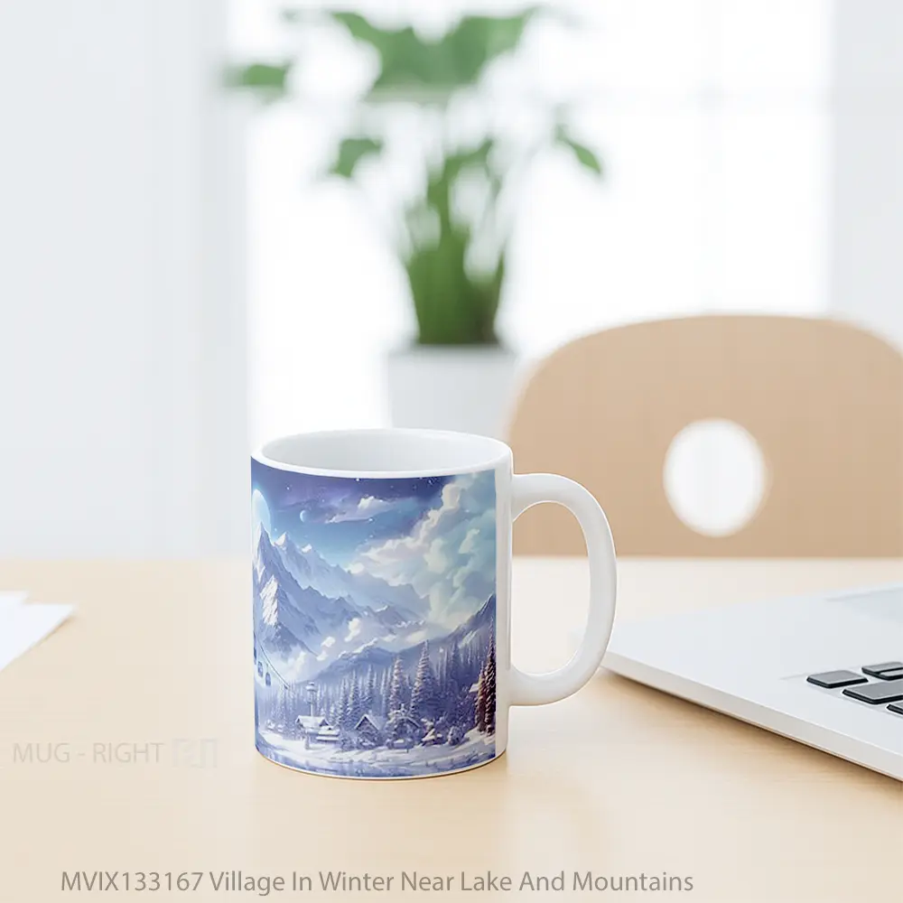 Mug Village In Winter Near Lake And Mountains Gelas Pemandangan Alam - All-side / Desain
