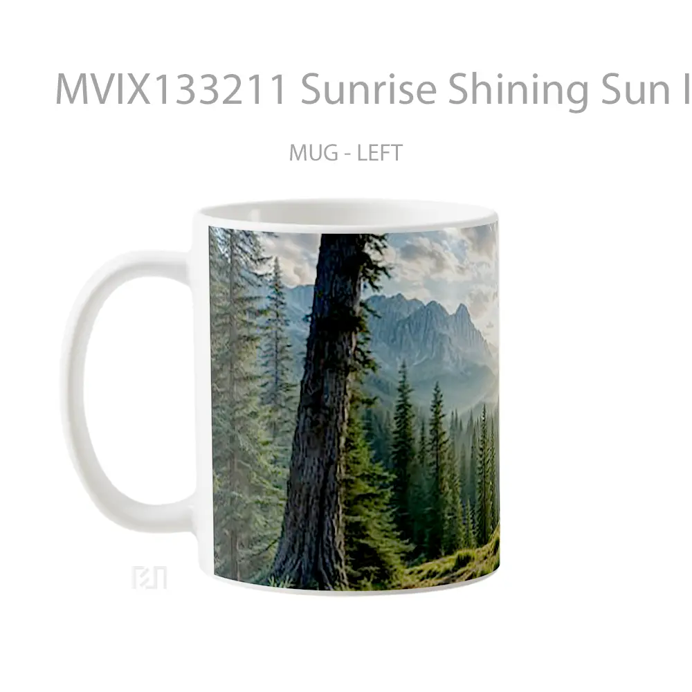 Mug Sunrise Shining Sun In The Forest Mountains With Pine Trees Gelas Pemandangan Alam - All-side / Desain