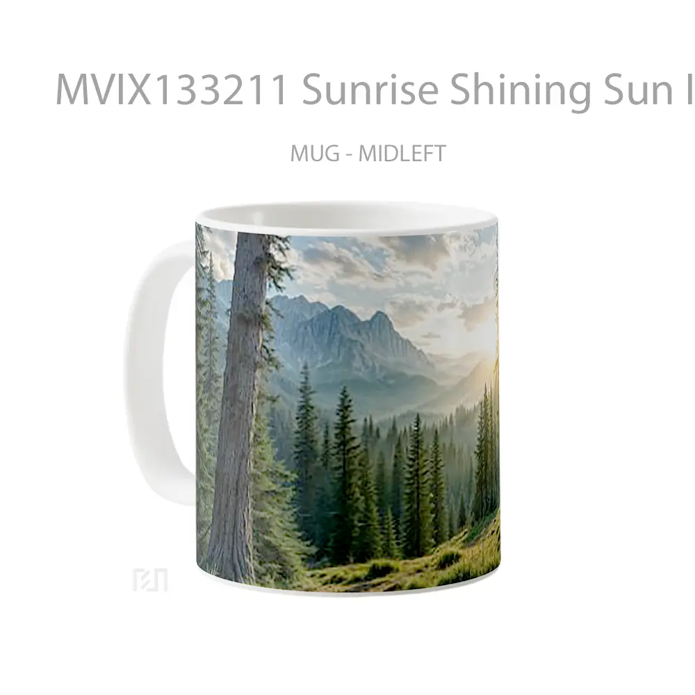 Mug Sunrise Shining Sun In The Forest Mountains With Pine Trees Gelas Pemandangan Alam - All-side / Desain