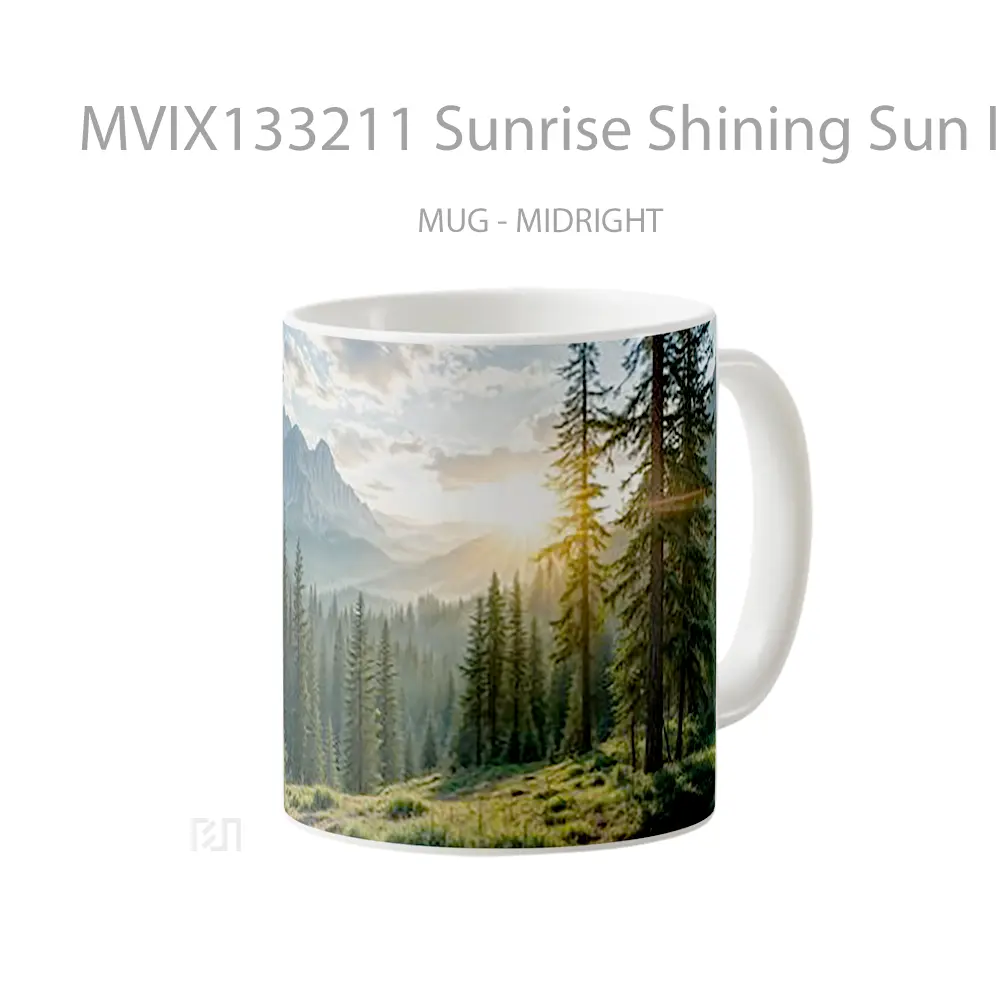 Mug Sunrise Shining Sun In The Forest Mountains With Pine Trees Gelas Pemandangan Alam - All-side / Desain