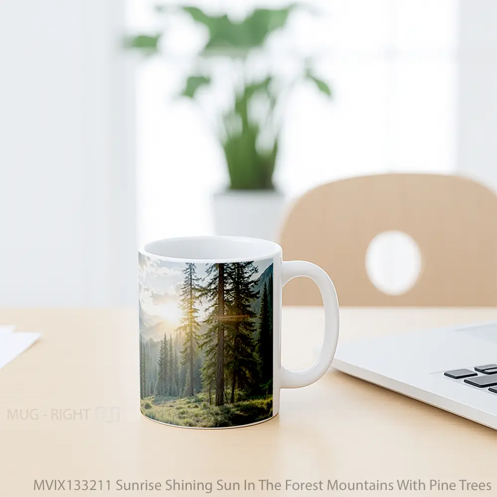 Mug Sunrise Shining Sun In The Forest Mountains With Pine Trees Gelas Pemandangan Alam - All-side / Desain