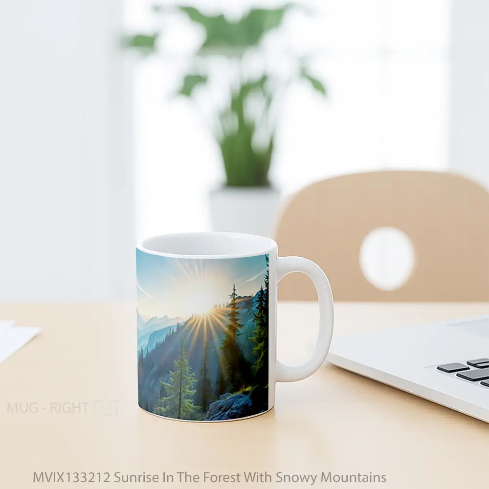 Mug Sunrise In The Forest With Snowy Mountains Gelas Pemandangan Alam - All-side / Desain