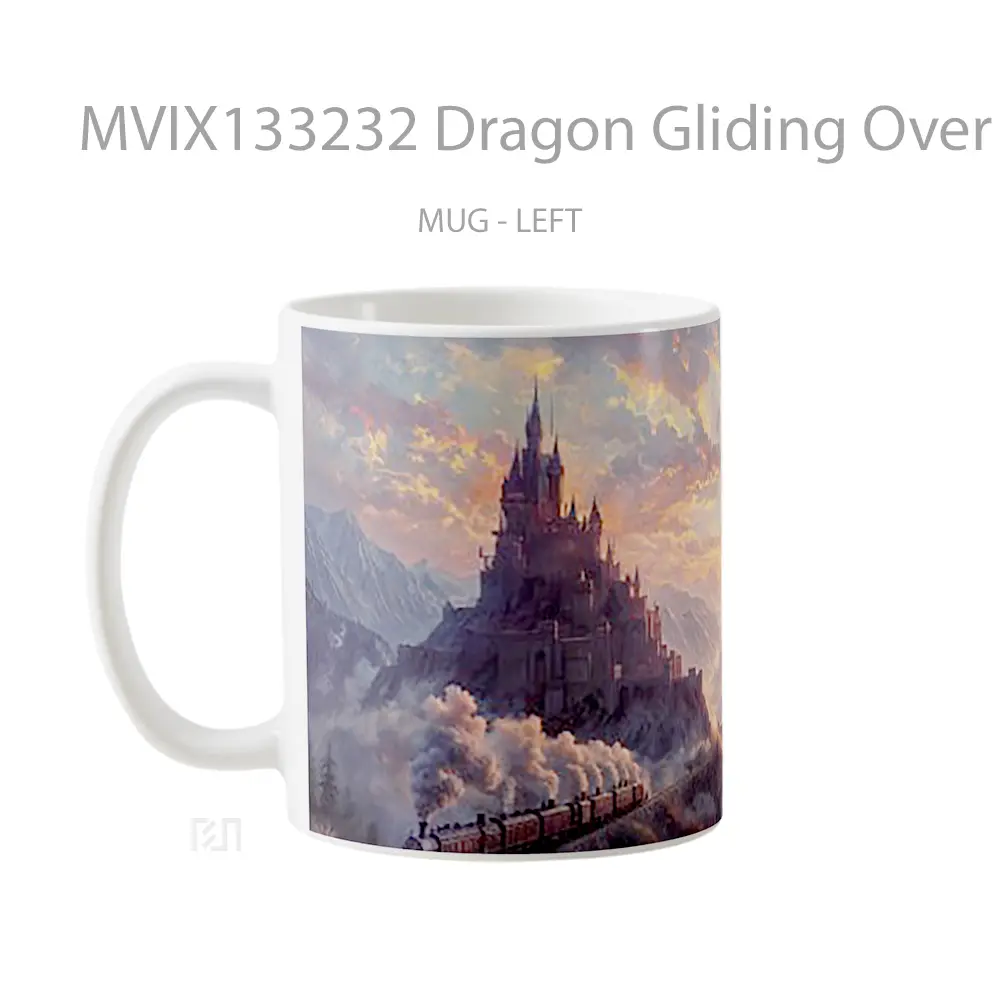 Mug Dragon Gliding Over Mountains At Sunset With Castle And Train Gelas Pemandangan Alam - All-side / Desain