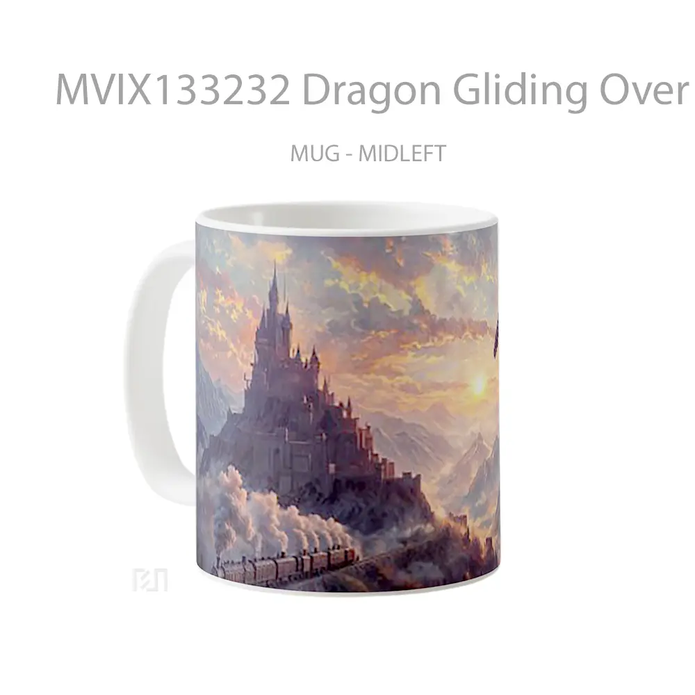 Mug Dragon Gliding Over Mountains At Sunset With Castle And Train Gelas Pemandangan Alam - All-side / Desain