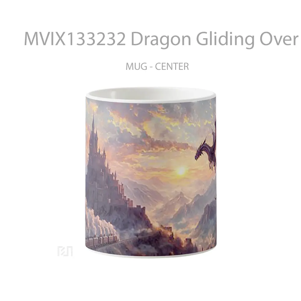 Mug Dragon Gliding Over Mountains At Sunset With Castle And Train Gelas Pemandangan Alam