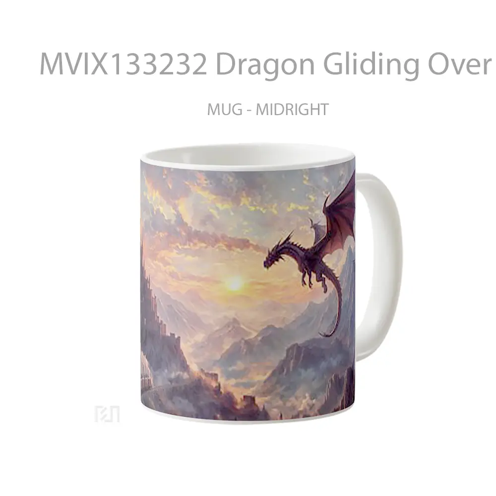 Mug Dragon Gliding Over Mountains At Sunset With Castle And Train Gelas Pemandangan Alam - All-side / Desain