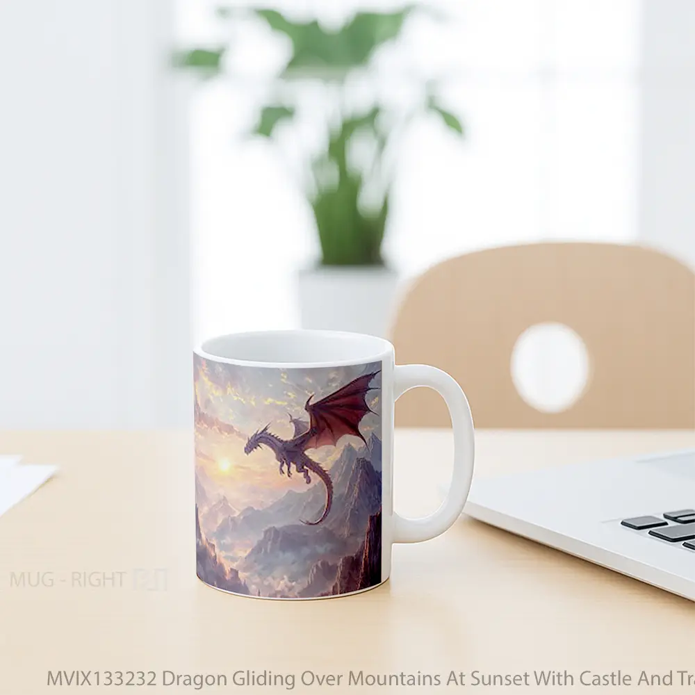 Mug Dragon Gliding Over Mountains At Sunset With Castle And Train Gelas Pemandangan Alam - All-side / Desain