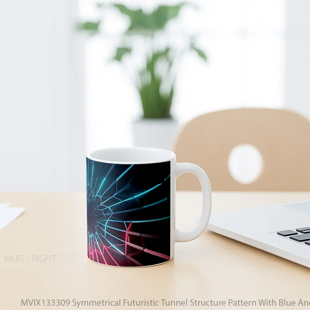 Mug Symmetrical Futuristic Tunnel Structure Pattern With Blue And Red Lights Gelas Seni Modern - All-side / Desain