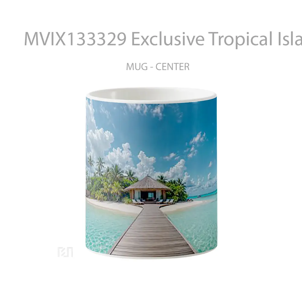 Mug Exclusive Tropical Island With Cabana Palm Trees And Lush Vegetation Gelas Pemandangan Alam