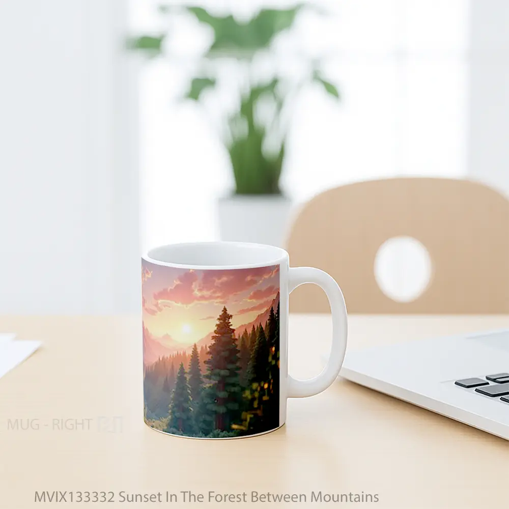 Mug Sunset In The Forest Between Mountains Gelas Pemandangan Alam - All-side / Desain