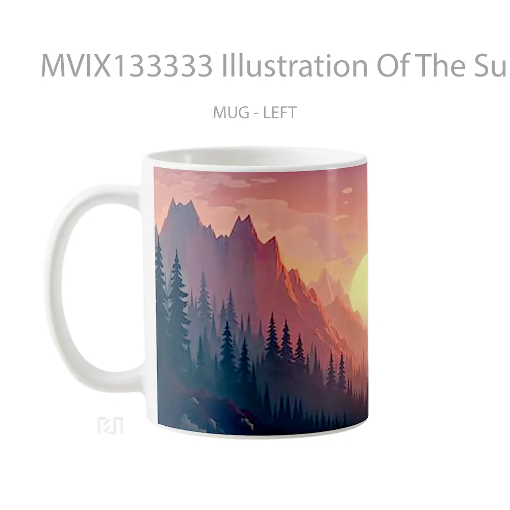Mug Illustration Of The Sun At Sunset Between Forest And Mountains Gelas Pemandangan Alam - All-side / Desain