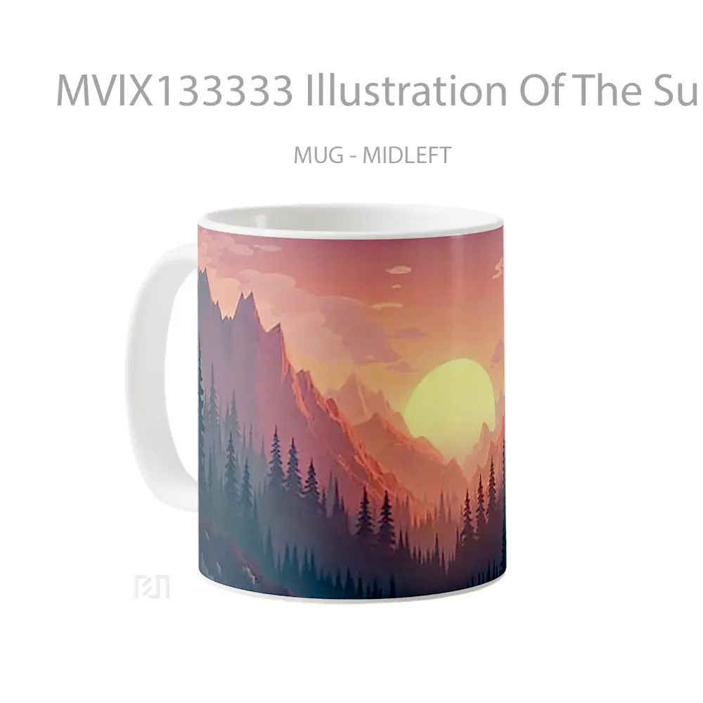 Mug Illustration Of The Sun At Sunset Between Forest And Mountains Gelas Pemandangan Alam - All-side / Desain
