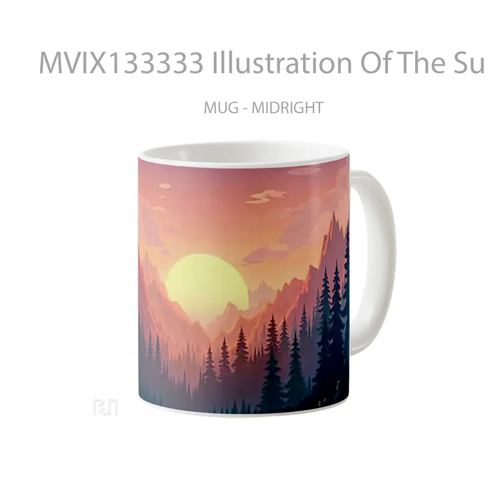 Mug Illustration Of The Sun At Sunset Between Forest And Mountains Gelas Pemandangan Alam - All-side / Desain
