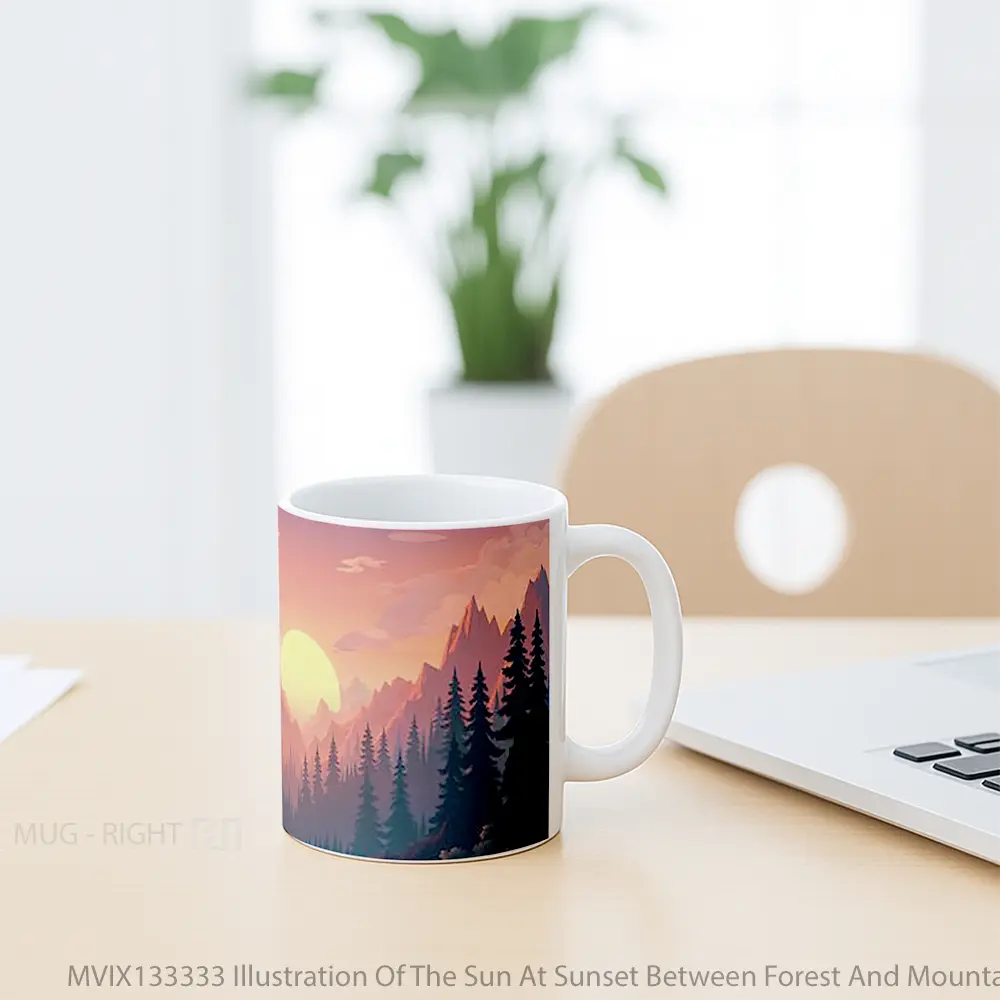 Mug Illustration Of The Sun At Sunset Between Forest And Mountains Gelas Pemandangan Alam - All-side / Desain