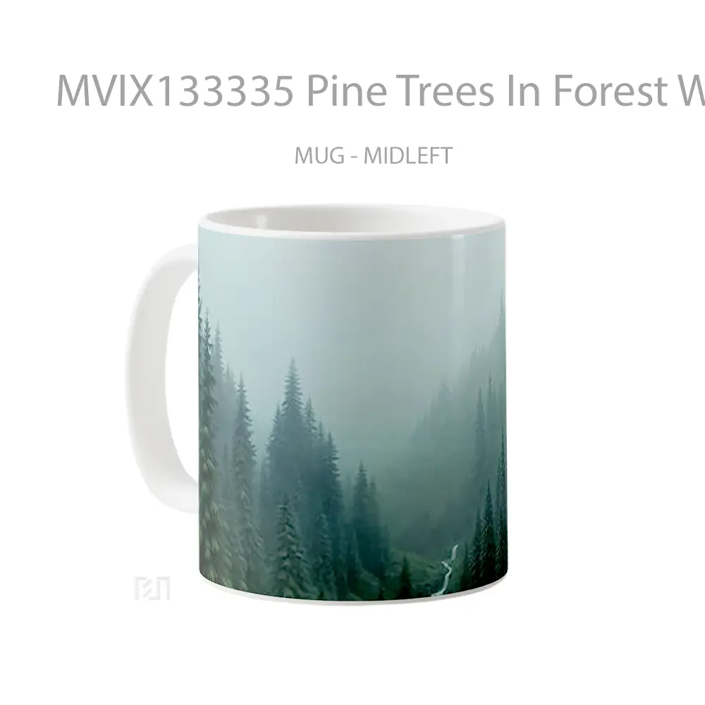 Mug Pine Trees In Forest With Small Waterfall Gelas Pemandangan Alam - All-side / Desain