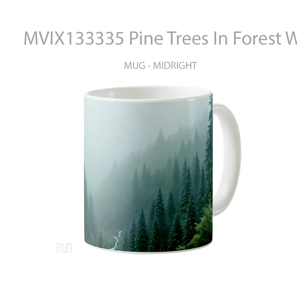 Mug Pine Trees In Forest With Small Waterfall Gelas Pemandangan Alam - All-side / Desain