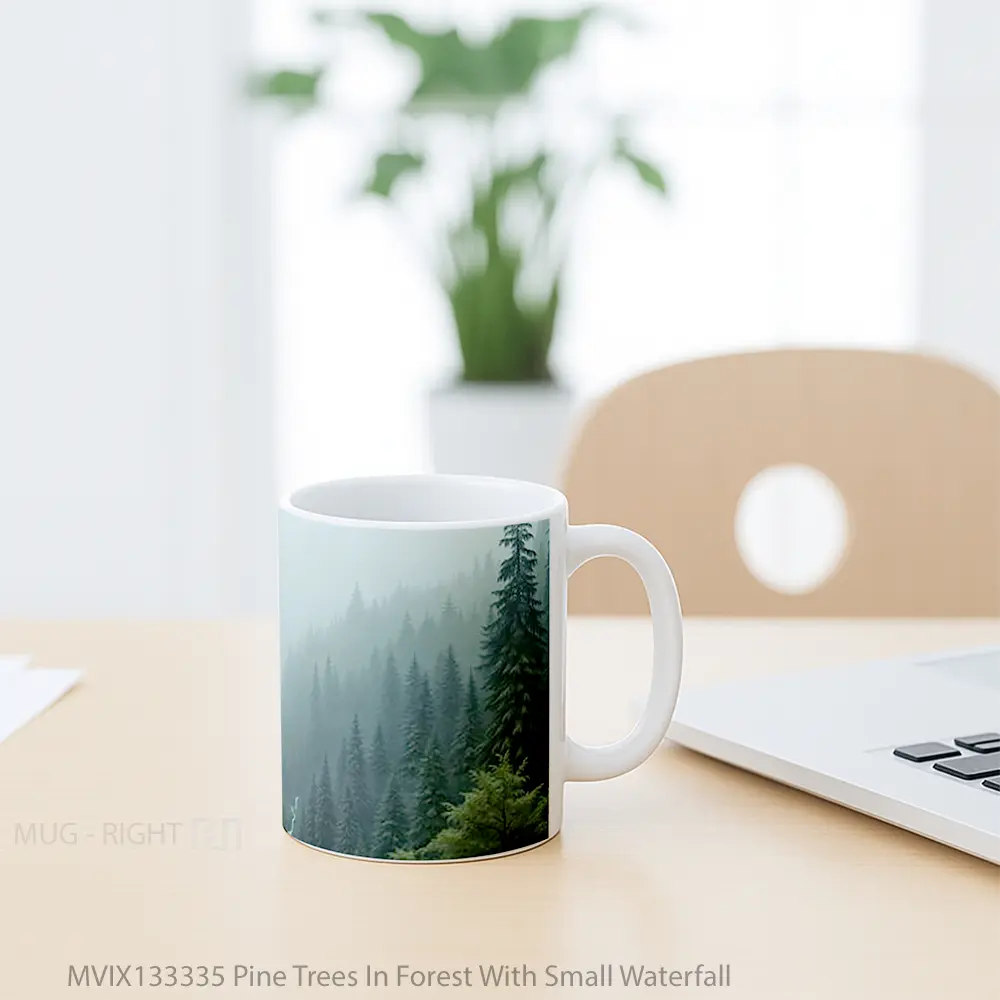 Mug Pine Trees In Forest With Small Waterfall Gelas Pemandangan Alam - All-side / Desain
