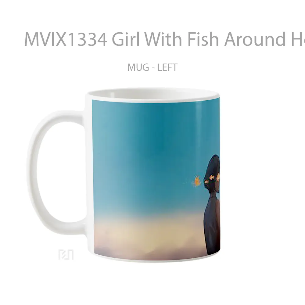 Mug Girl With Fish Around Her Gelas Hewan Lucu - All-side / Desain