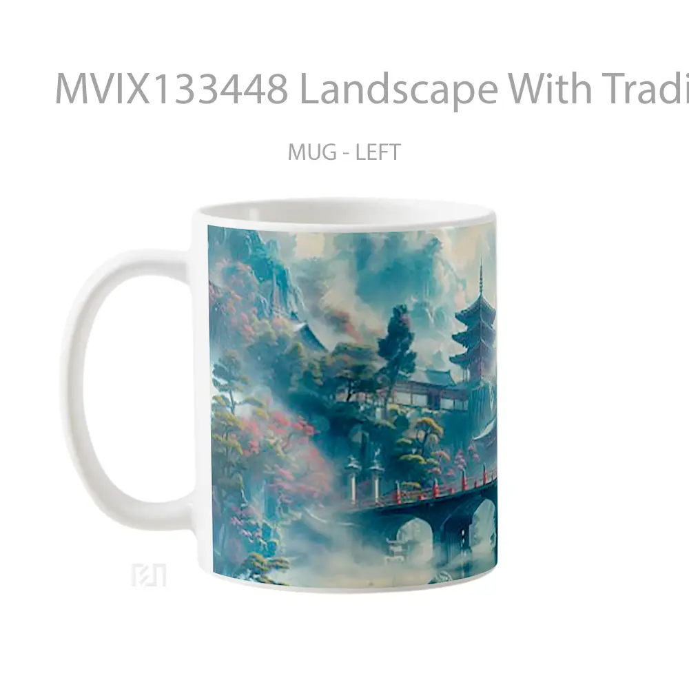 Mug Landscape With Traditional Japanese Architecture Including Pagodas Temples And A Bridge Gelas Pemandangan Alam - All-side / Desain