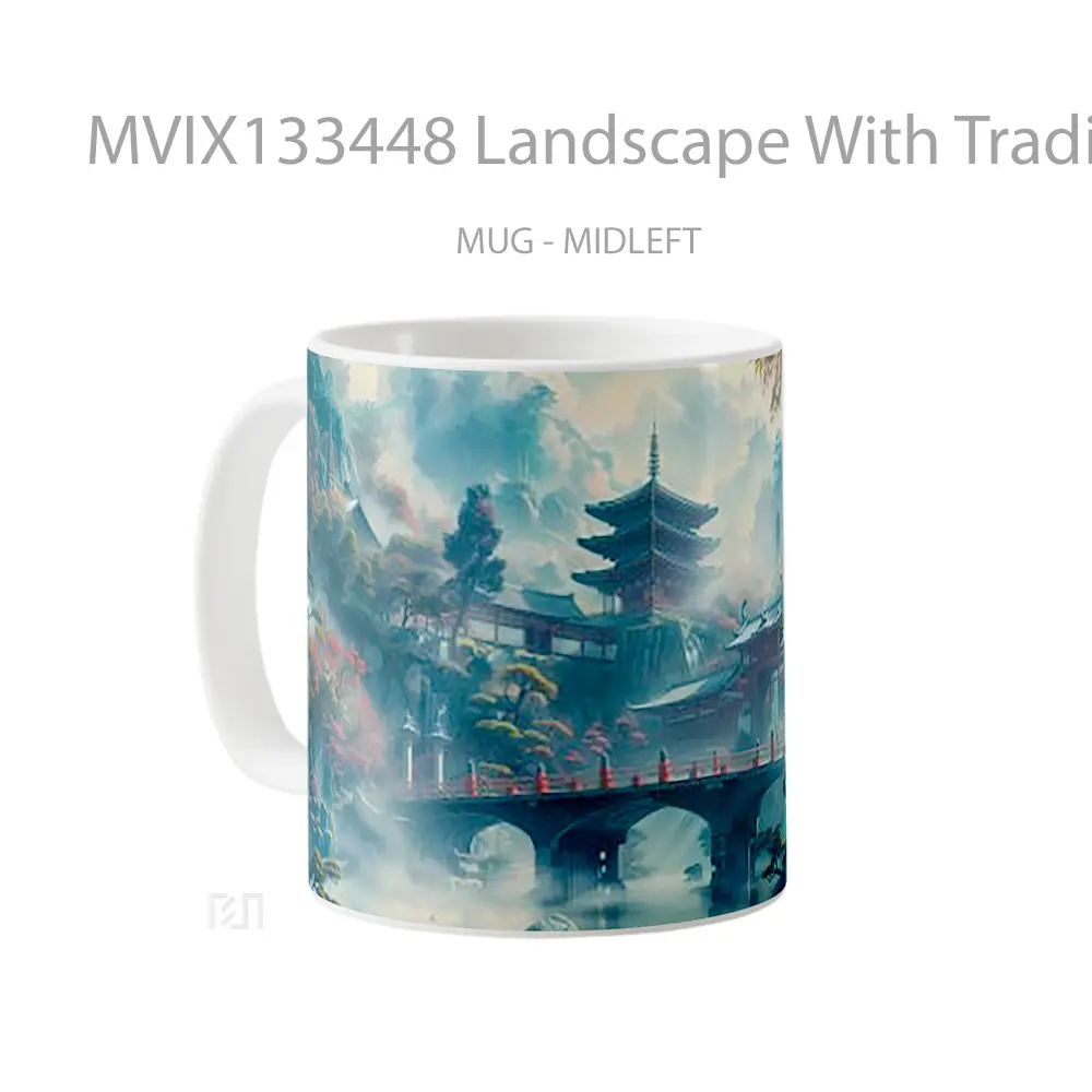 Mug Landscape With Traditional Japanese Architecture Including Pagodas Temples And A Bridge Gelas Pemandangan Alam - All-side / Desain