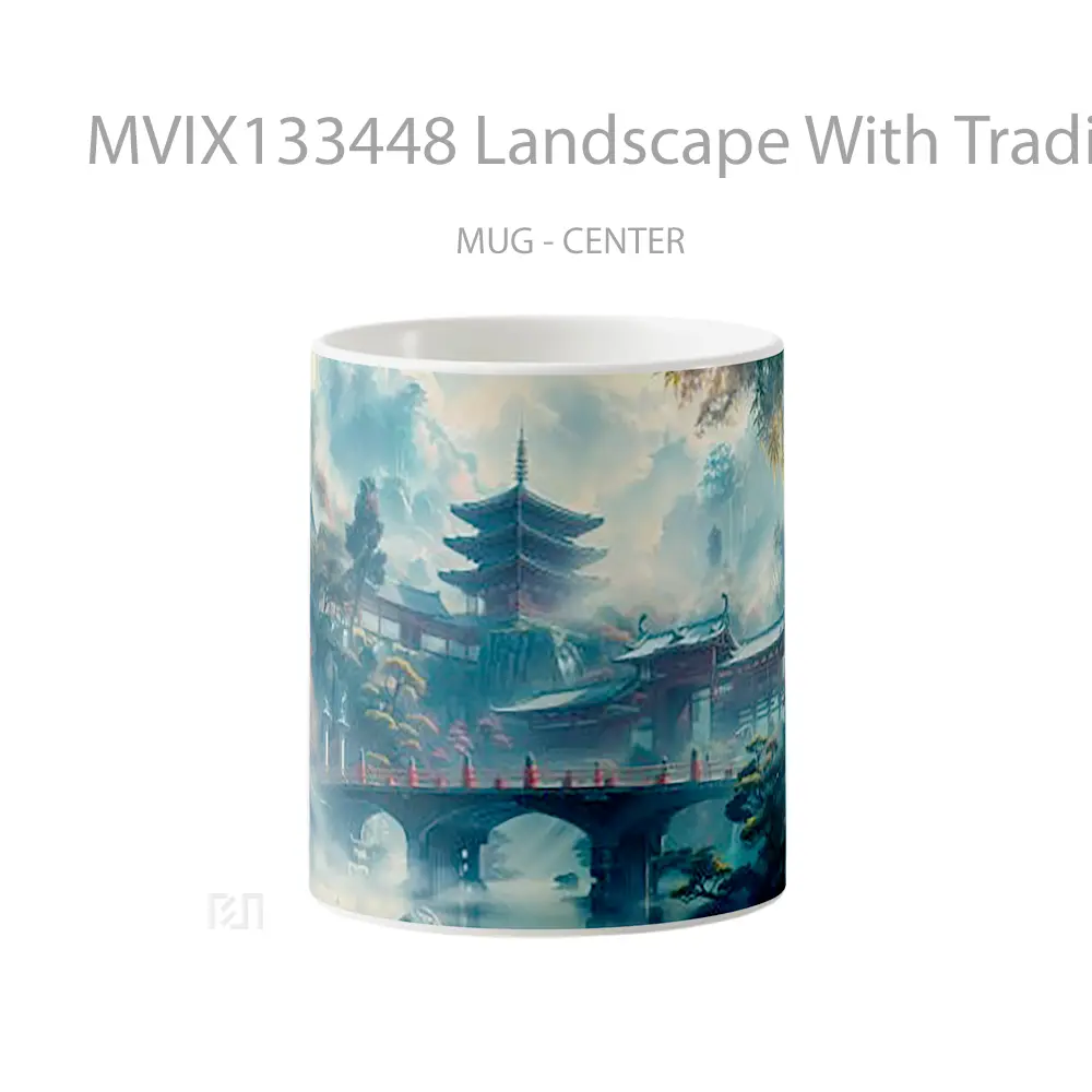 Mug Landscape With Traditional Japanese Architecture Including Pagodas Temples And A Bridge Gelas Pemandangan Alam