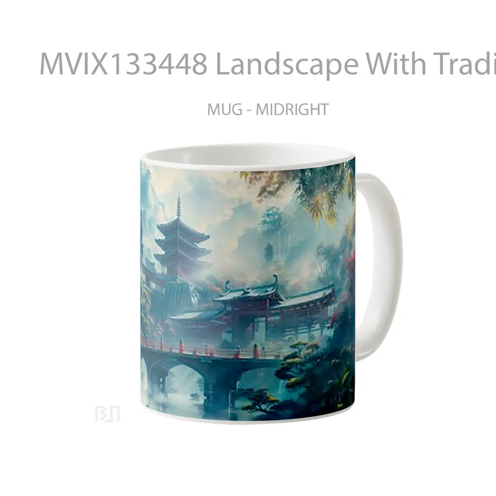 Mug Landscape With Traditional Japanese Architecture Including Pagodas Temples And A Bridge Gelas Pemandangan Alam - All-side / Desain