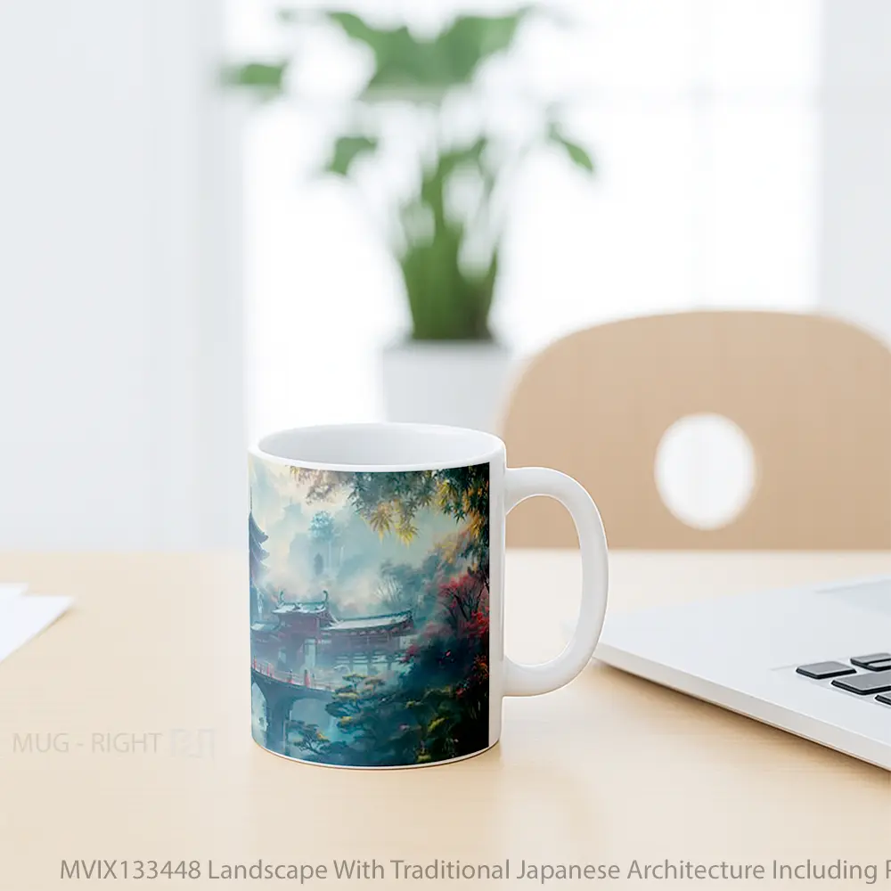 Mug Landscape With Traditional Japanese Architecture Including Pagodas Temples And A Bridge Gelas Pemandangan Alam - All-side / Desain