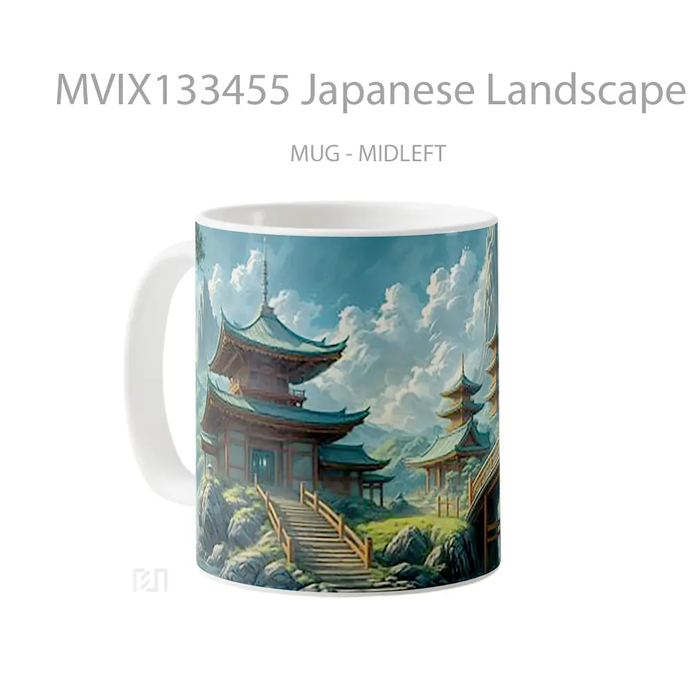 Mug Japanese Landscape With Temples Pagodas And A Bridge Gelas Pemandangan Alam - All-side / Desain