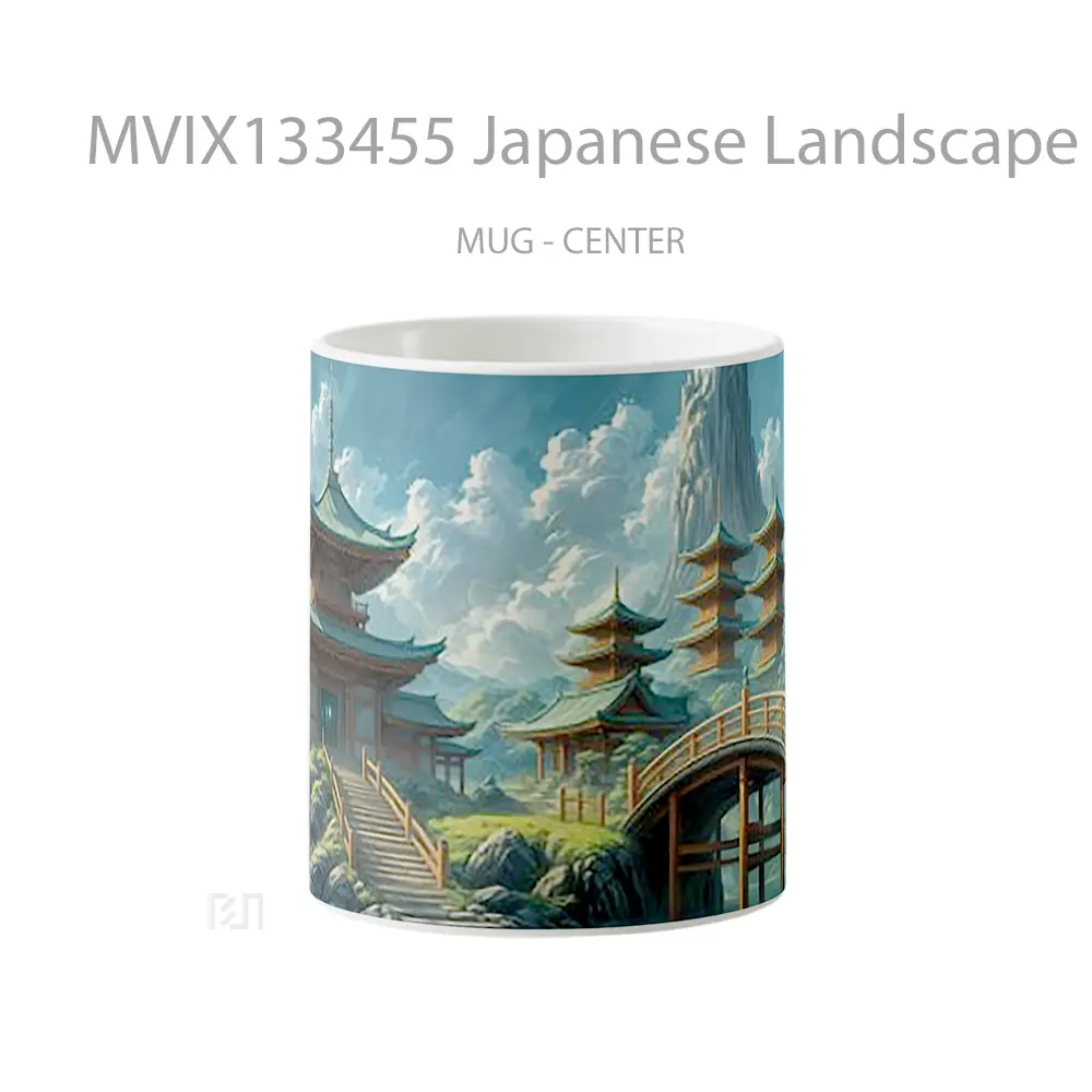 Mug Japanese Landscape With Temples Pagodas And A Bridge Gelas Pemandangan Alam