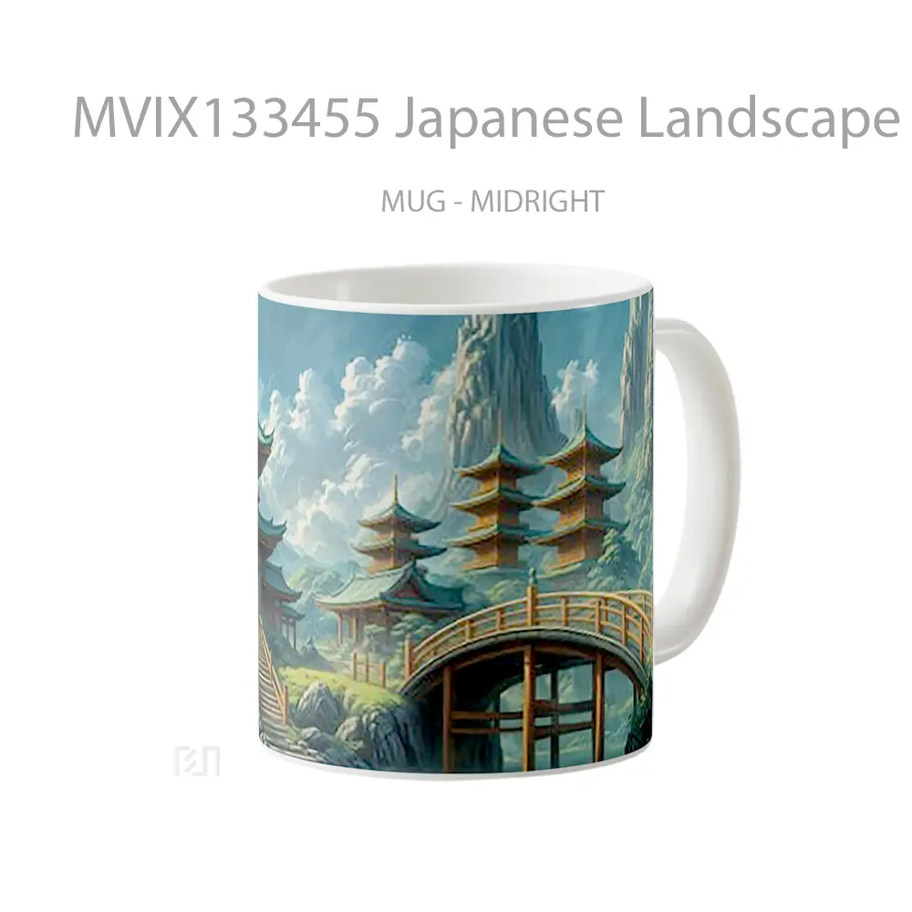 Mug Japanese Landscape With Temples Pagodas And A Bridge Gelas Pemandangan Alam - All-side / Desain