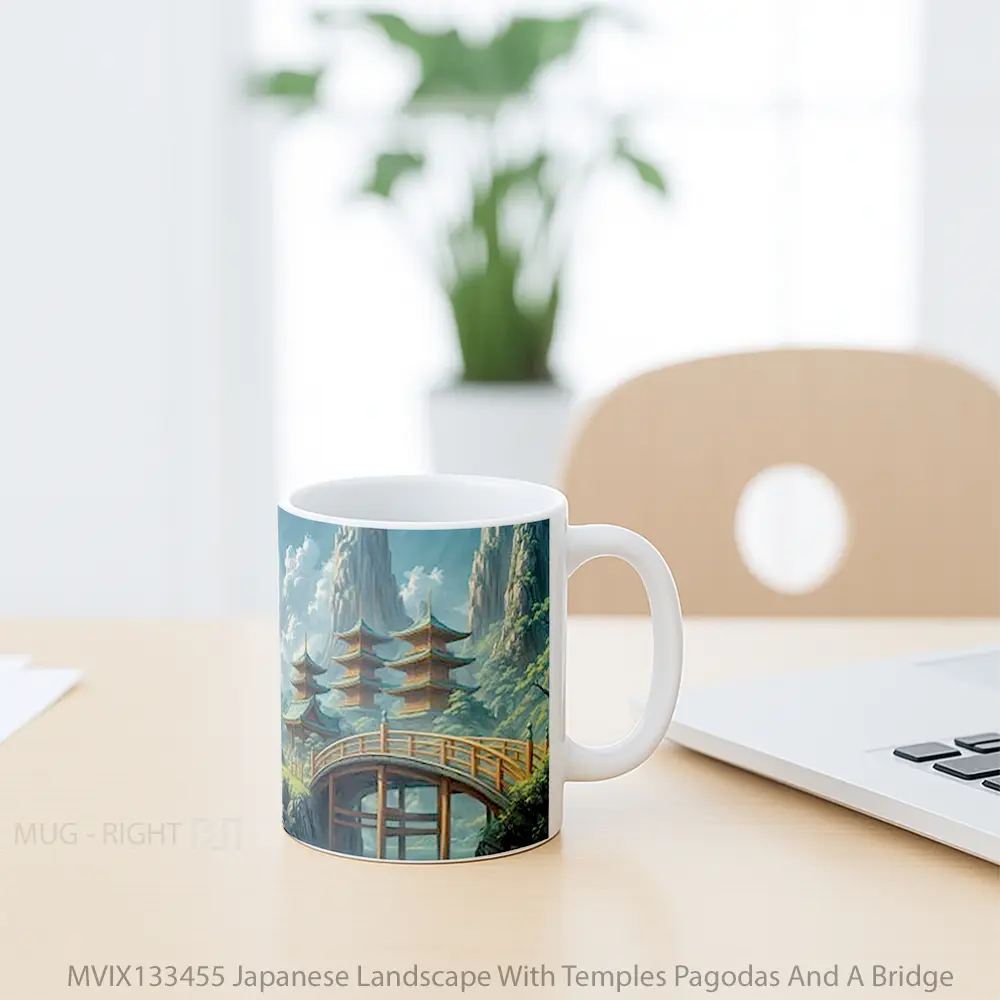 Mug Japanese Landscape With Temples Pagodas And A Bridge Gelas Pemandangan Alam - All-side / Desain