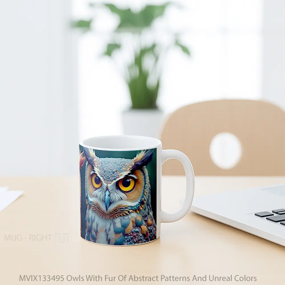 Mug Owls With Fur Of Abstract Patterns And Unreal Colors Gelas Hewan Lucu - All-side / Desain