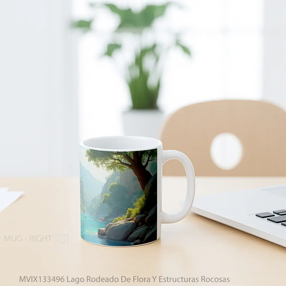 Mug Lago Rodeado De Flora Y Estructuras Rocosas Gelas Keramik Unik - All-side / Desain