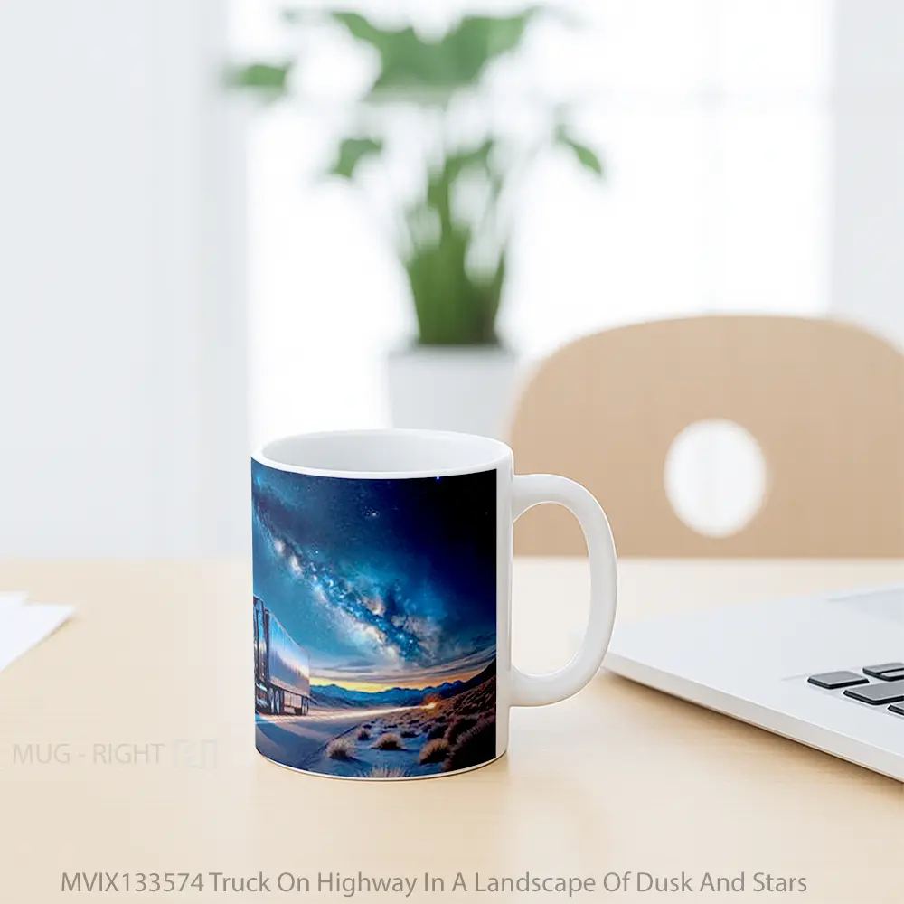 Mug Truck On Highway In A Landscape Of Dusk And Stars Gelas Pemandangan Alam - All-side / Desain