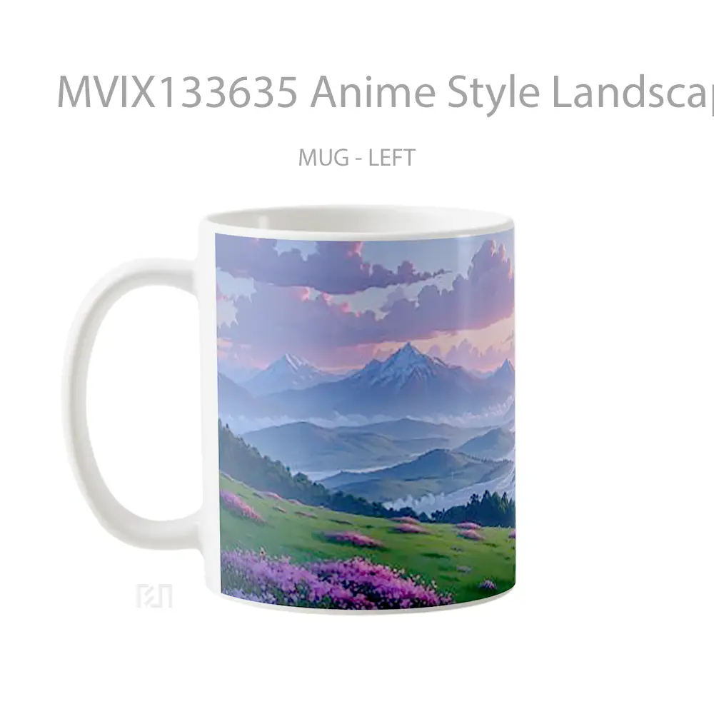 Mug Anime Style Landscape With Sunset In The Mountains Between A River Cangkir Anime - All-side / Desain