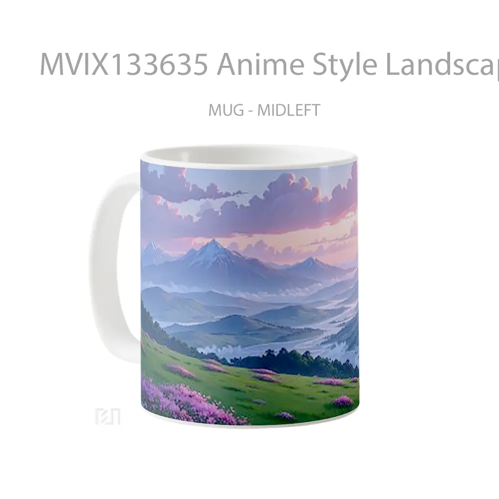 Mug Anime Style Landscape With Sunset In The Mountains Between A River Cangkir Anime - All-side / Desain