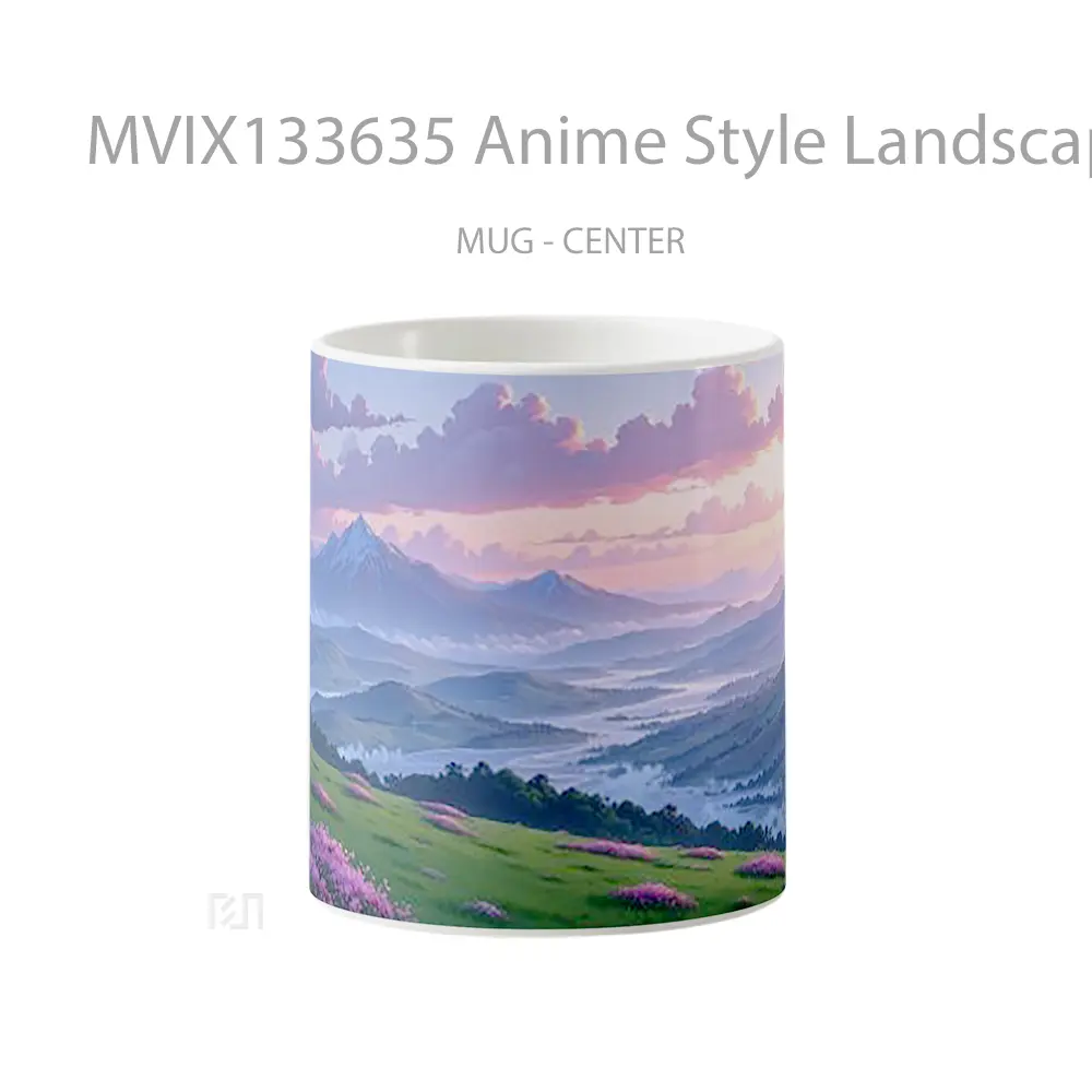 Mug Anime Style Landscape With Sunset In The Mountains Between A River Cangkir Anime