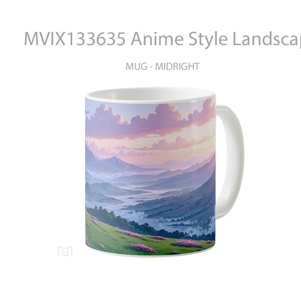 Mug Anime Style Landscape With Sunset In The Mountains Between A River Cangkir Anime - All-side / Desain