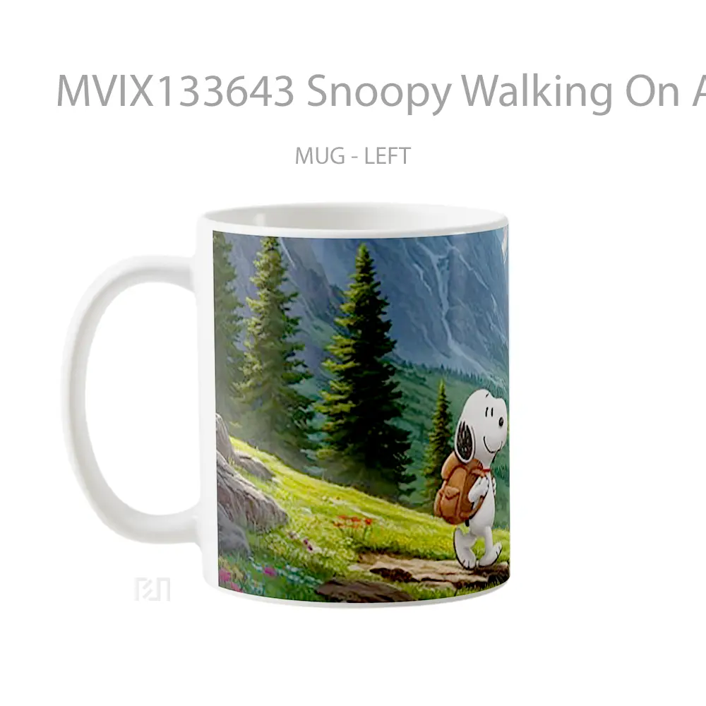 Mug Snoopy Walking On A Route Over Mountains Gelas Pemandangan Alam - All-side / Desain