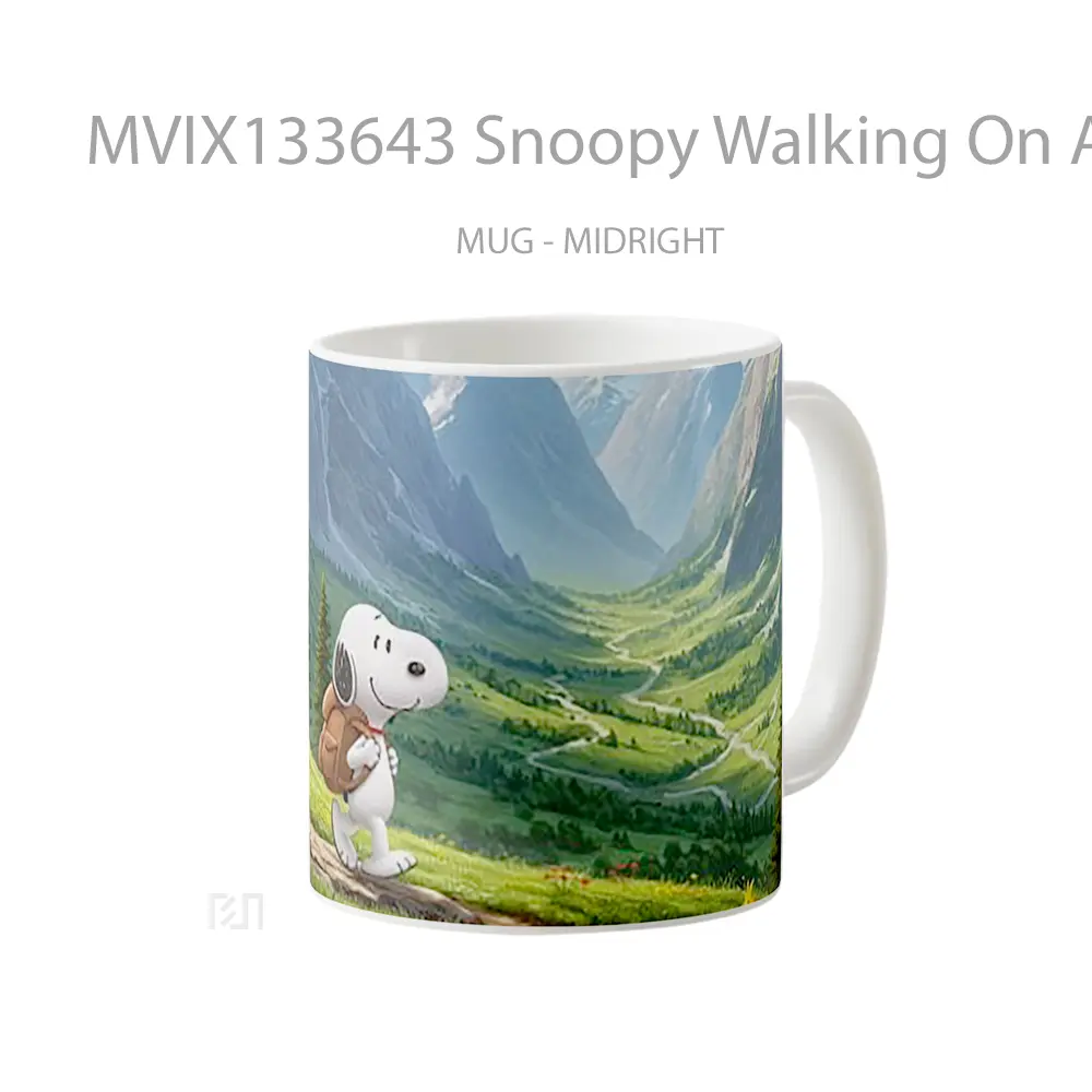 Mug Snoopy Walking On A Route Over Mountains Gelas Pemandangan Alam - All-side / Desain