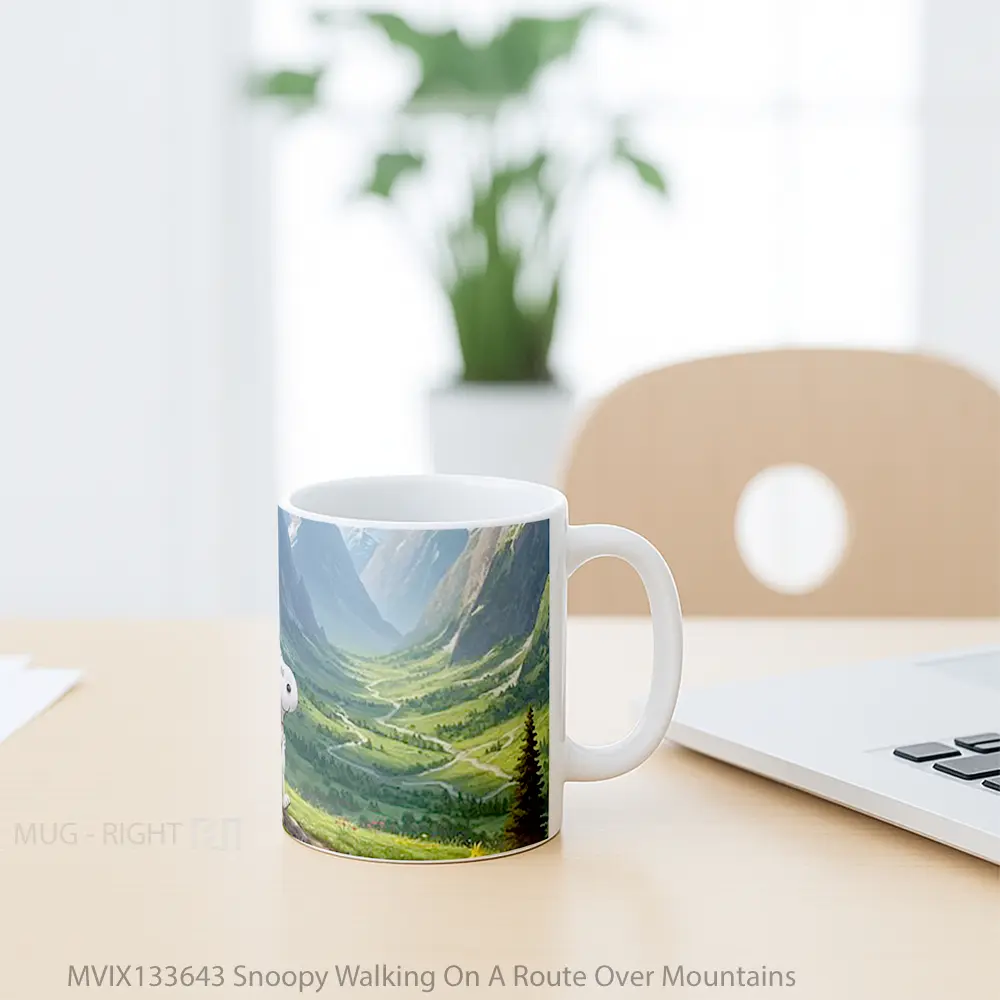 Mug Snoopy Walking On A Route Over Mountains Gelas Pemandangan Alam - All-side / Desain