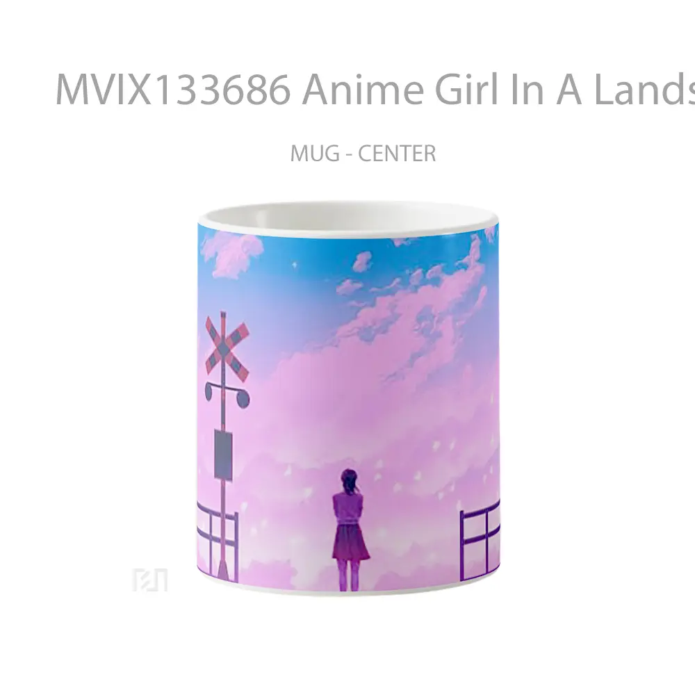 Mug Anime Girl In A Landscape Of Pink Clouds And White Doves Cangkir Anime