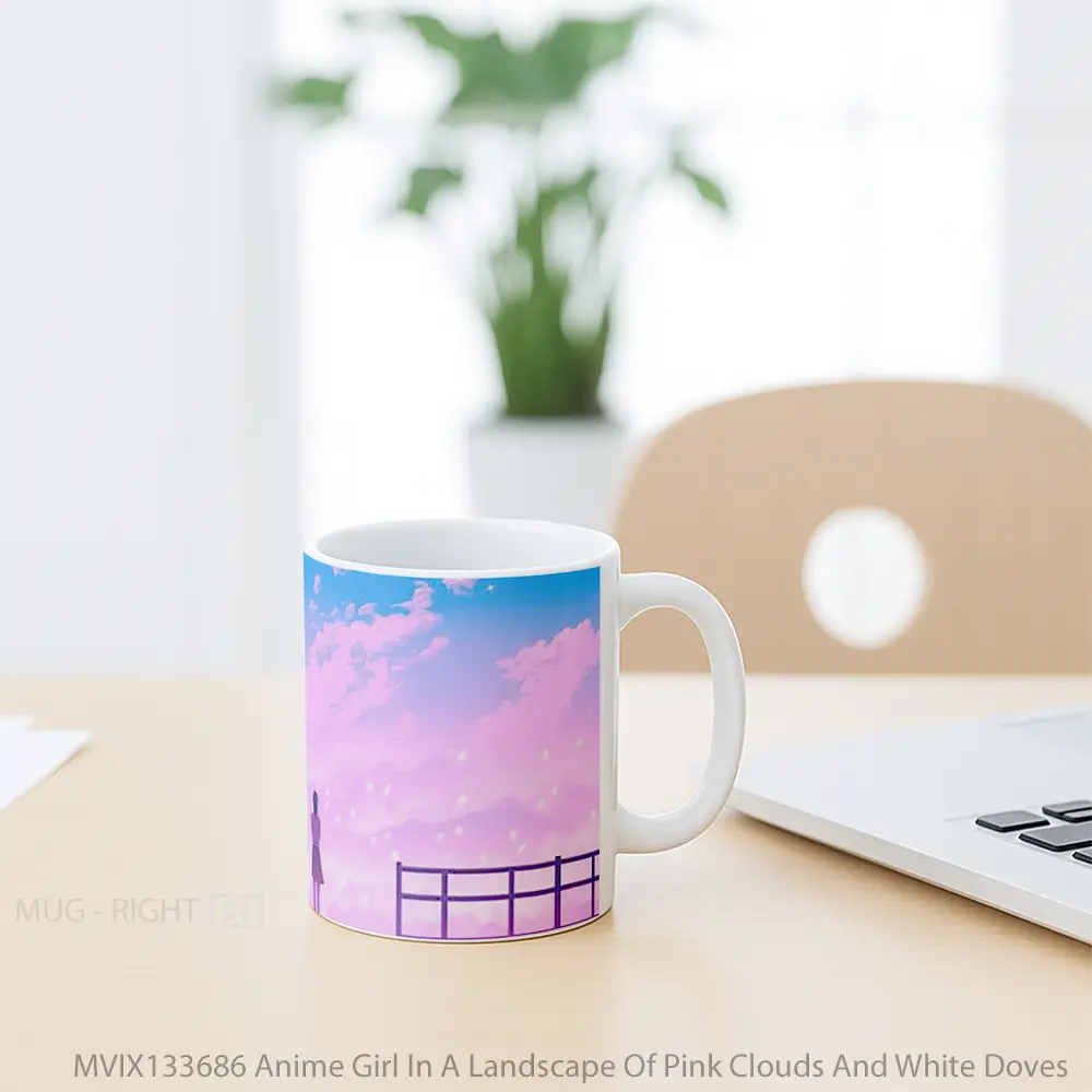 Mug Anime Girl In A Landscape Of Pink Clouds And White Doves Cangkir Anime - All-side / Desain