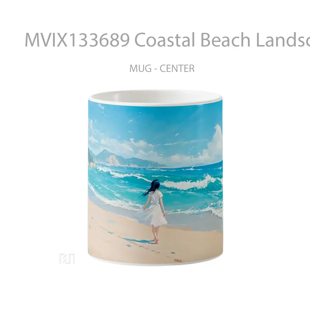Mug Coastal Beach Landscape With An Anime Girl Walking On The Sand Cangkir Anime